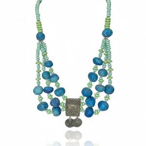 Vintage Boho Turquoise & Mint Chunky Layered Clay Bead & Coin Statement Necklace